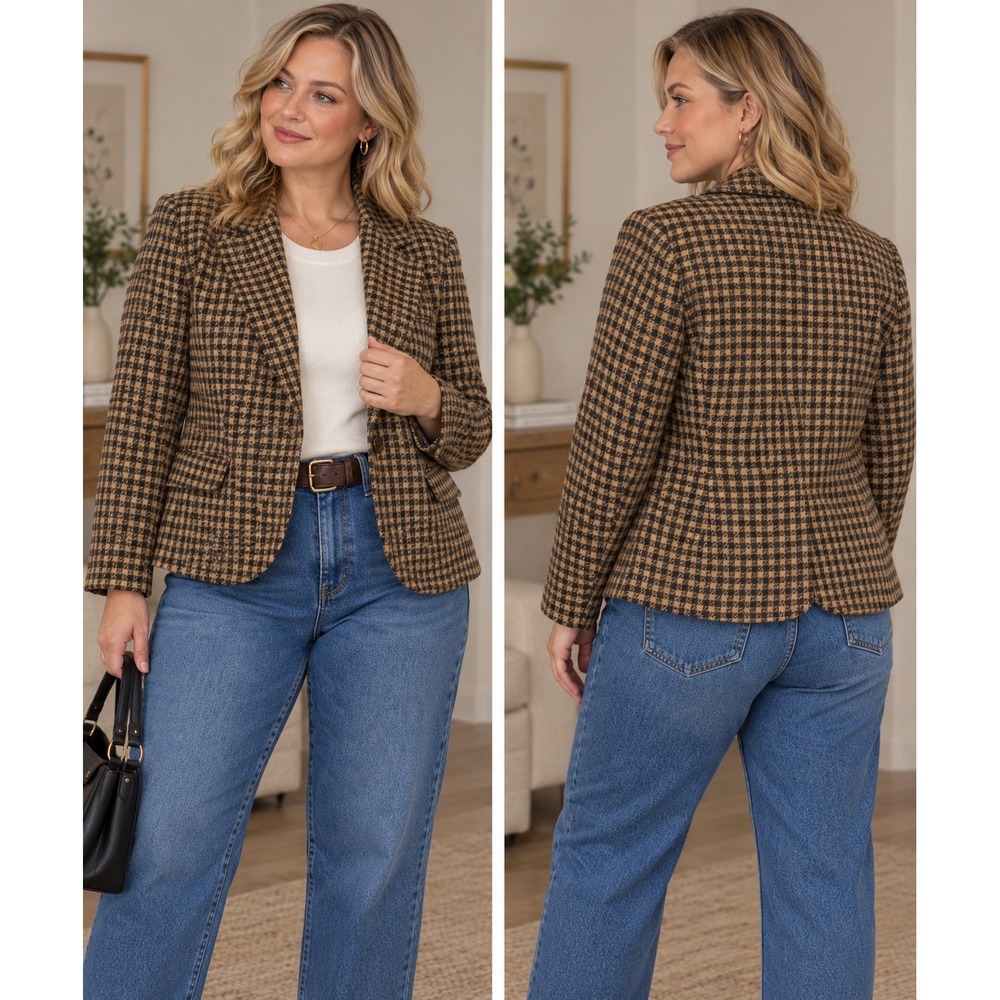 Vintage Della Roufogali Wool Houndstooth Blazer Jacket Women 12 Brown Tan